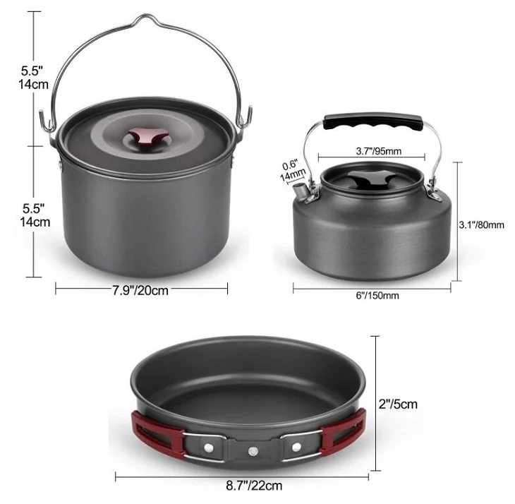 Camping Cookware Mess Kit, Outdoor Cookware Set Large Size Hanging Pot Pan Kettle With Base Cook Set For 4 - Image 6