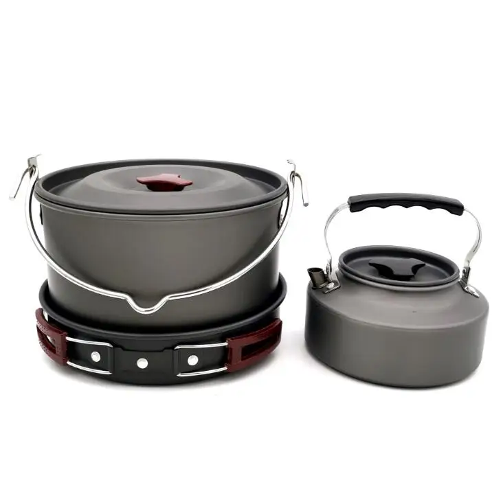 Camping Cookware Mess Kit, Outdoor Cookware Set Large Size Hanging Pot Pan Kettle With Base Cook Set For 4 - Image 2
