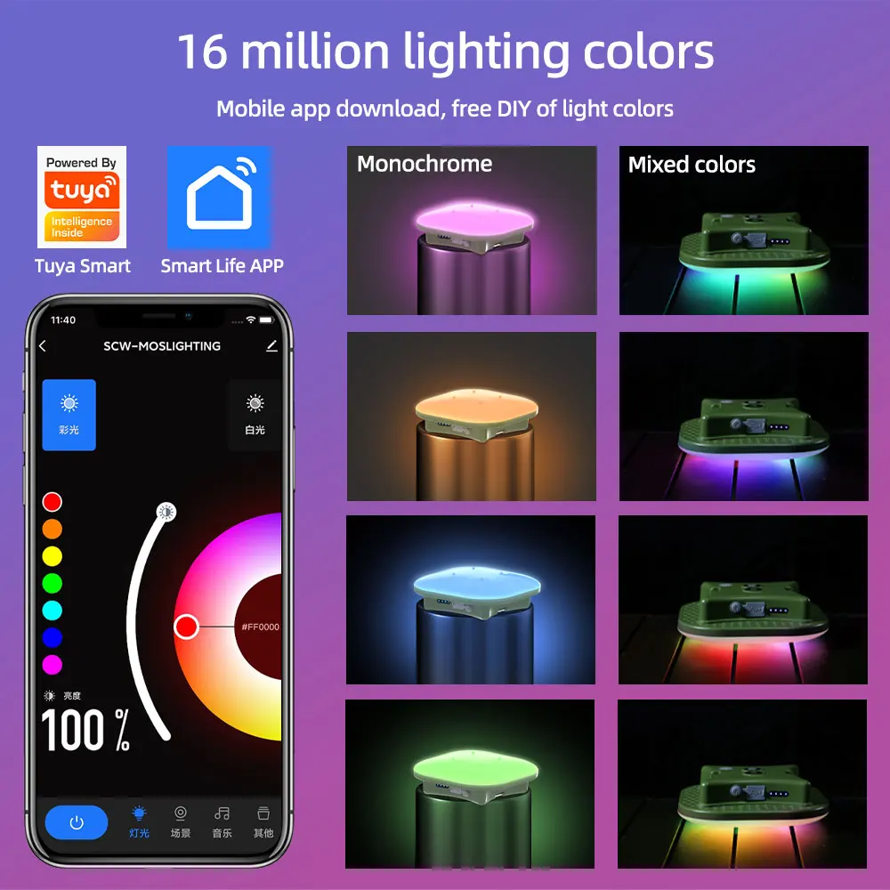 MOSLIGHTING 80W RGB Camping Lantern USB Rechargeable LED Smart Light Bluetooth Control by Tuya APP Music Sync Hanging Tent Light - Image 2