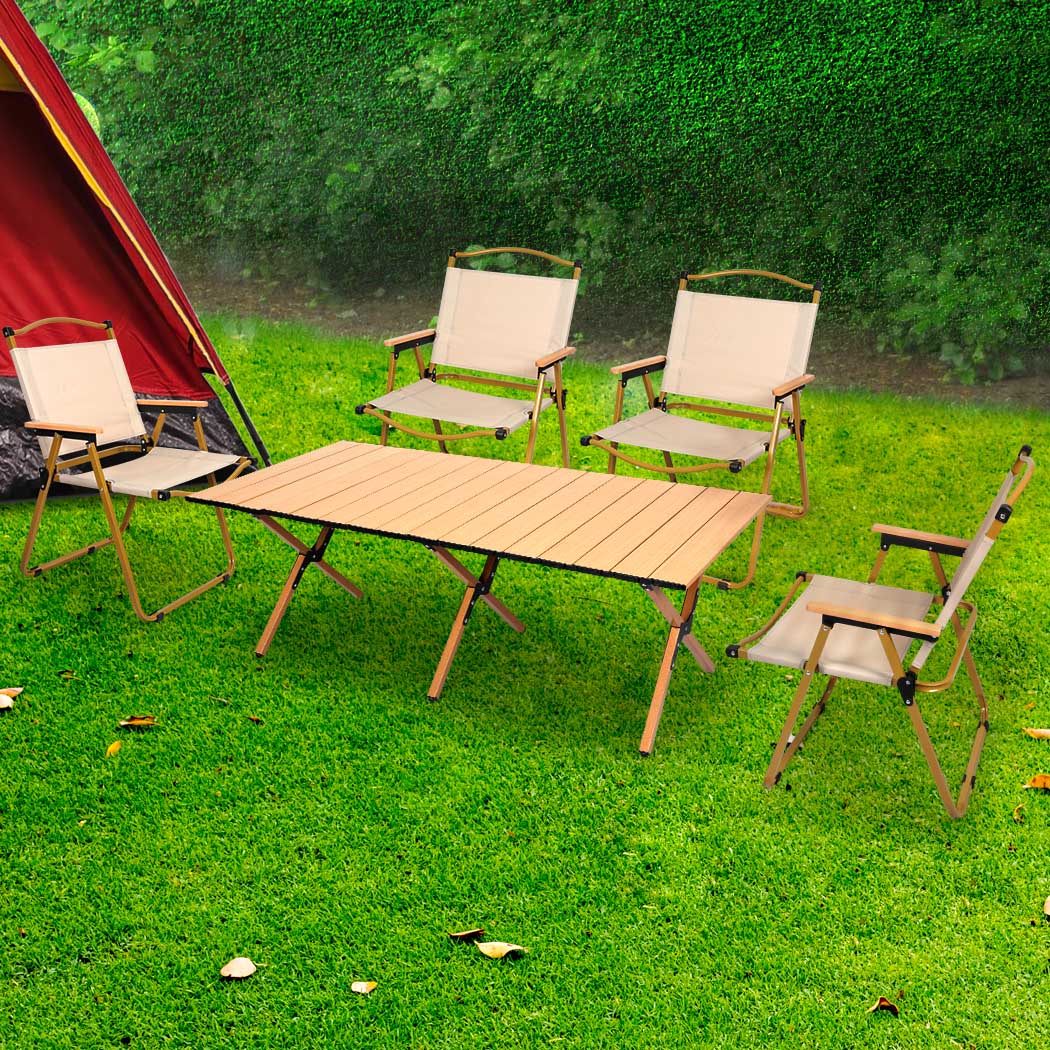 Levede Folding Camping Table Chair Set Oak - Image 7