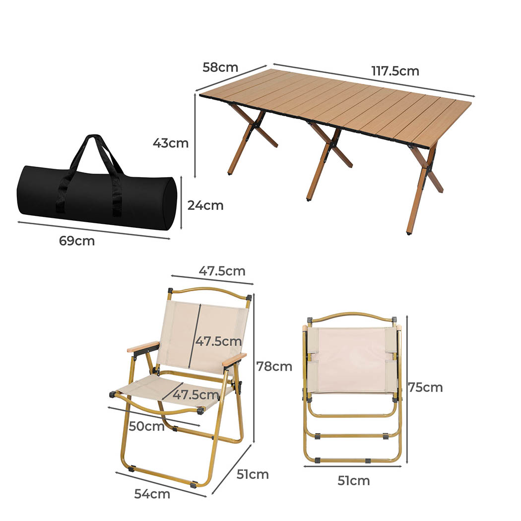 Levede Folding Camping Table Chair Set Oak - Image 3